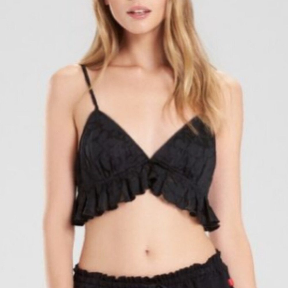 Natori Josie Midnight Cami Bralette Sz Small Black Ruffle Wireless Bra Festival